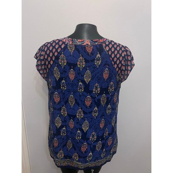 Lucky Brand cap sleeves rayon blue mixed print v-neck 1/2 button Boho gypsy sz M - Picture 2 of 4